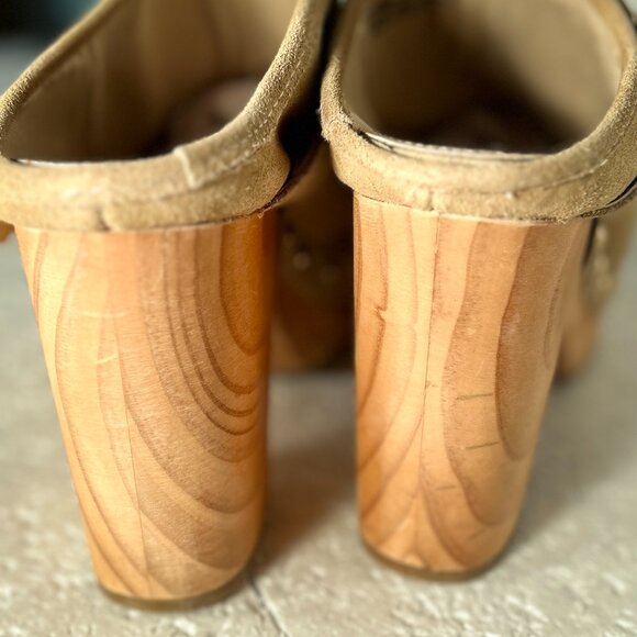 Steve Madden NWOT SZ 10 Hilde Tan Suede Leather Wood Heeled Clog 70's Boho Retro - Picture 9 of 11